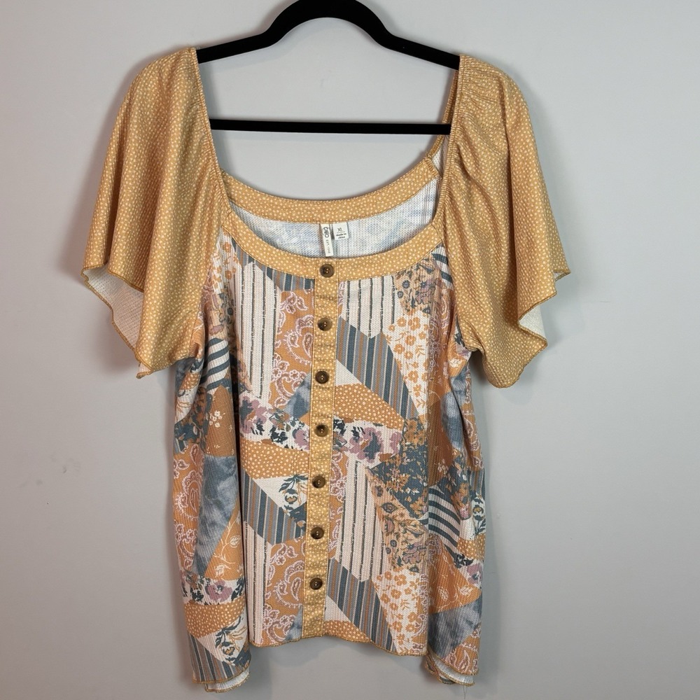 Cato Women's Patchwork Button Detail Flutter Sleeve‎ Blouse XL Boho Flirty Indie
